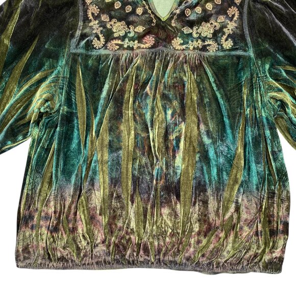 Velvet Embroidered Mesh Babydoll Top Green Artsy Whimsigoth Dark Fairy Grunge-1X - Picture 6 of 16